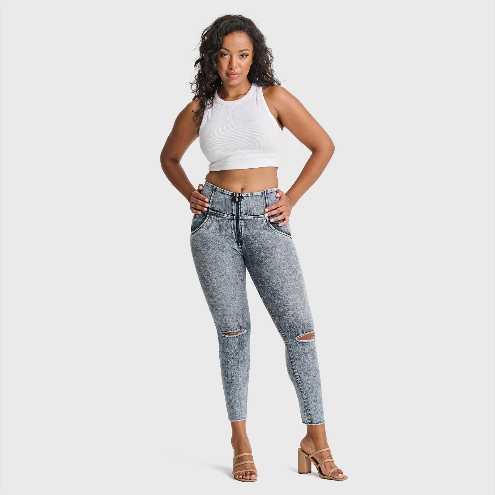 WR.UP® SNUG Ripped Jeans - High Waisted - 7/8 Length - Blue Stonewash + Yellow Stitching 2