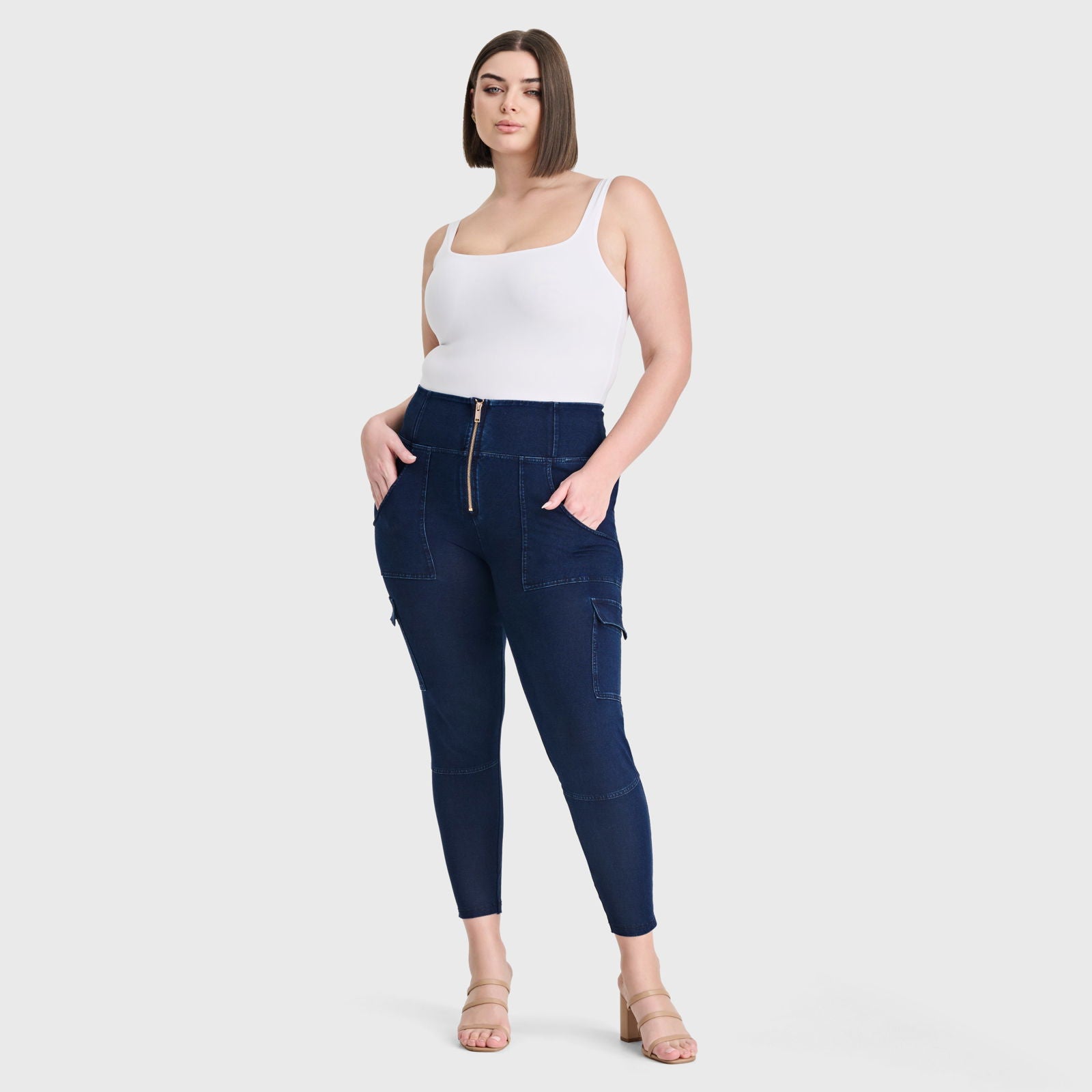 WR.UP® Cargo Denim - High Waisted - 7/8 Length - Dark Blue + Blue Stitching 1