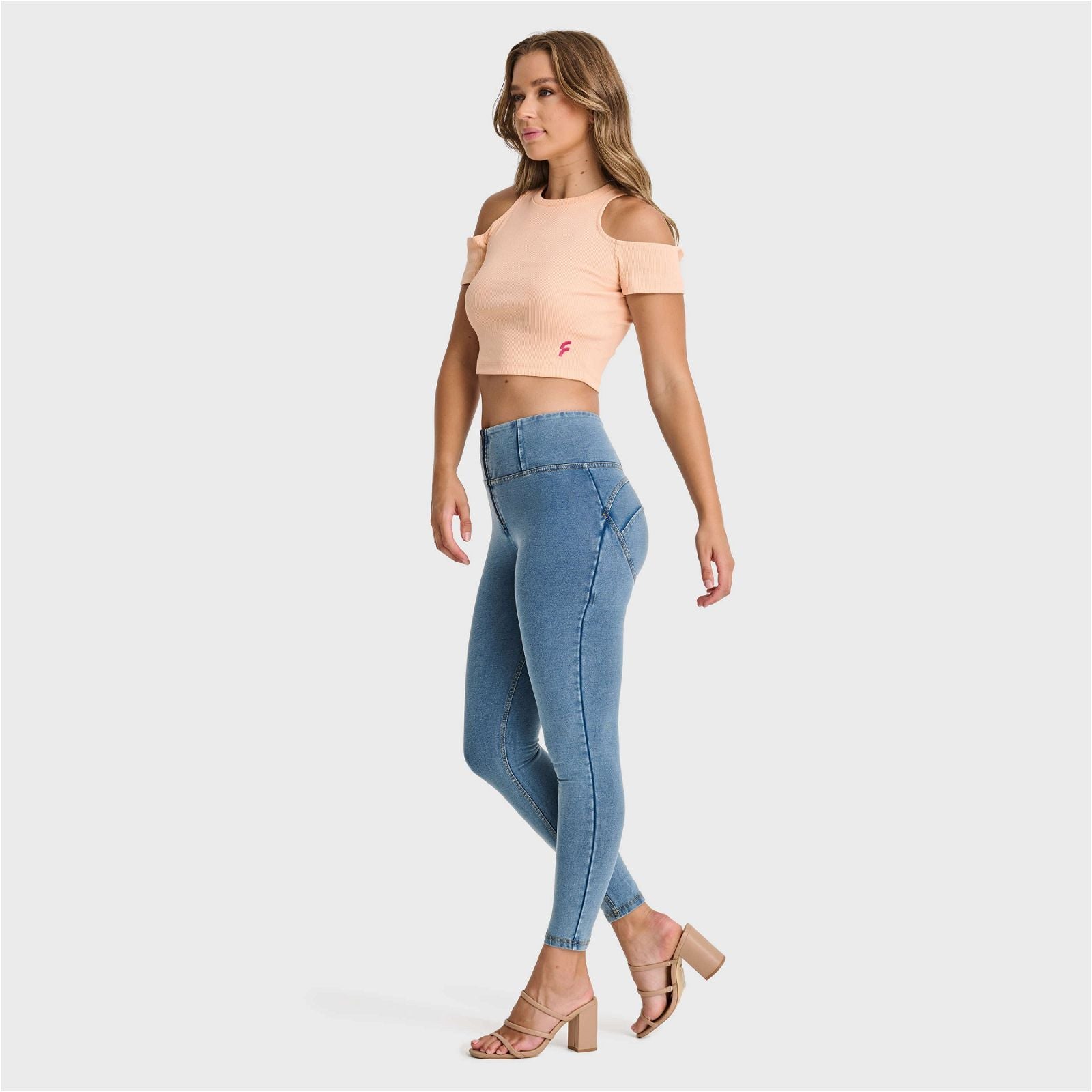 WR.UP® Denim - High Waisted - 7/8 Length - Light Blue + Yellow Stitching 3