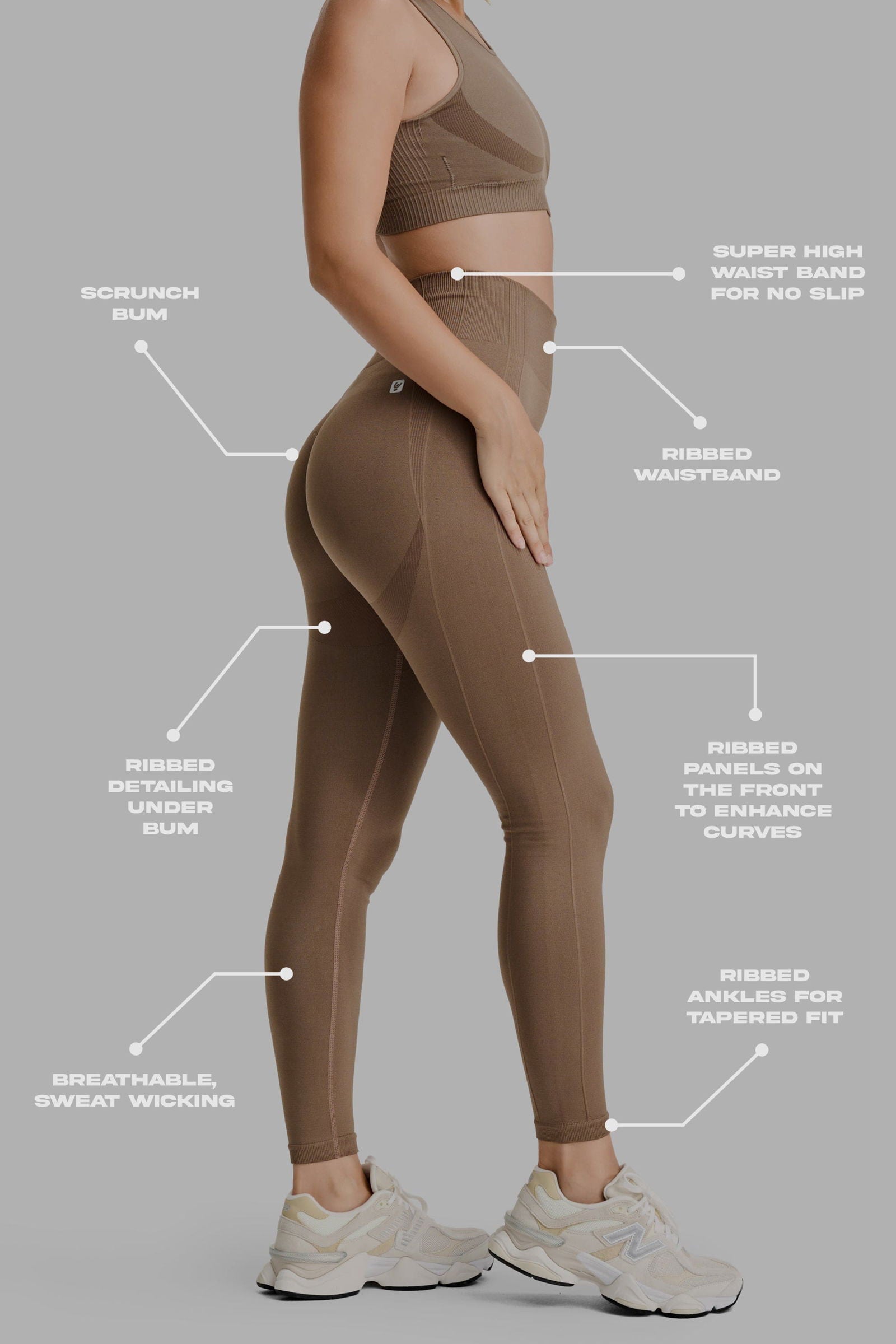 Seamless Active Leggings - High Waisted - 7/8 Length - Mocha 2