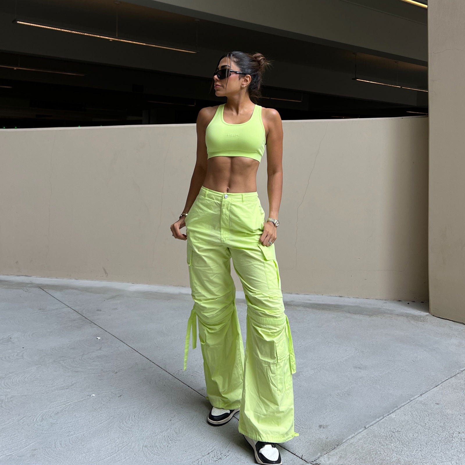 Cargo Pants - High Waisted - Full Length - Lime Green 1