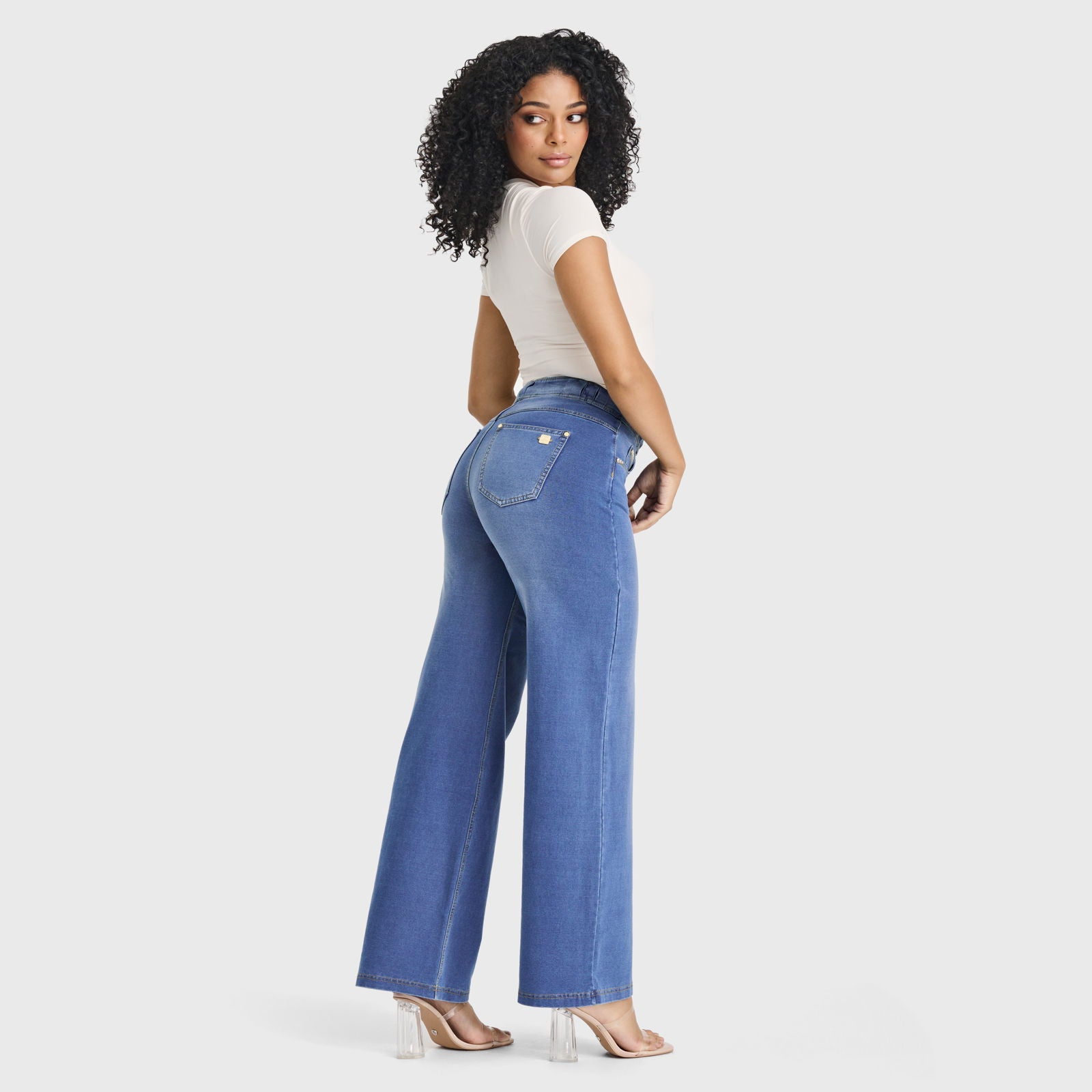 N.O.W® Denim Limited Edition - High Waisted - Wide Leg - Light Blue + Yellow Stitching 3