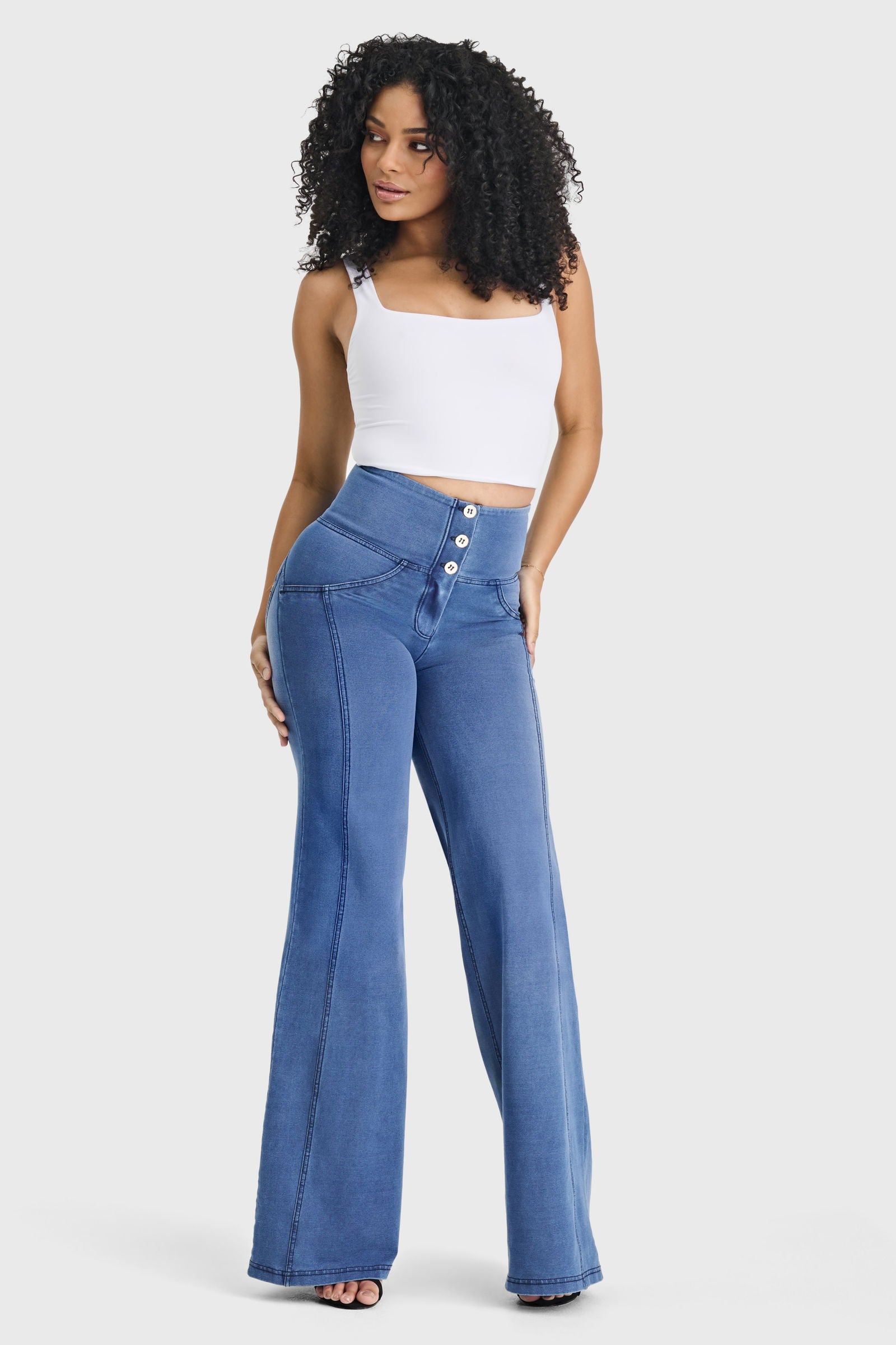 WR.UP® Denim - 3 Button High Waisted - Palazzo Flare - Light Blue + Blue Stitching 3