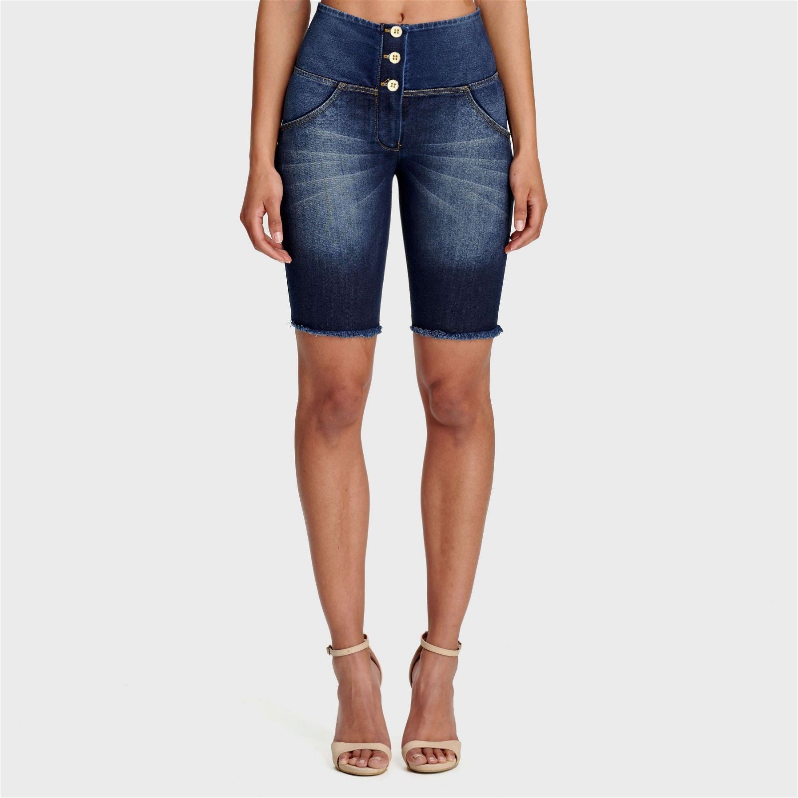 WR.UP® Denim - High Waisted - 3 Button Biker Shorts - Dark Blue + Yellow Stitching 1