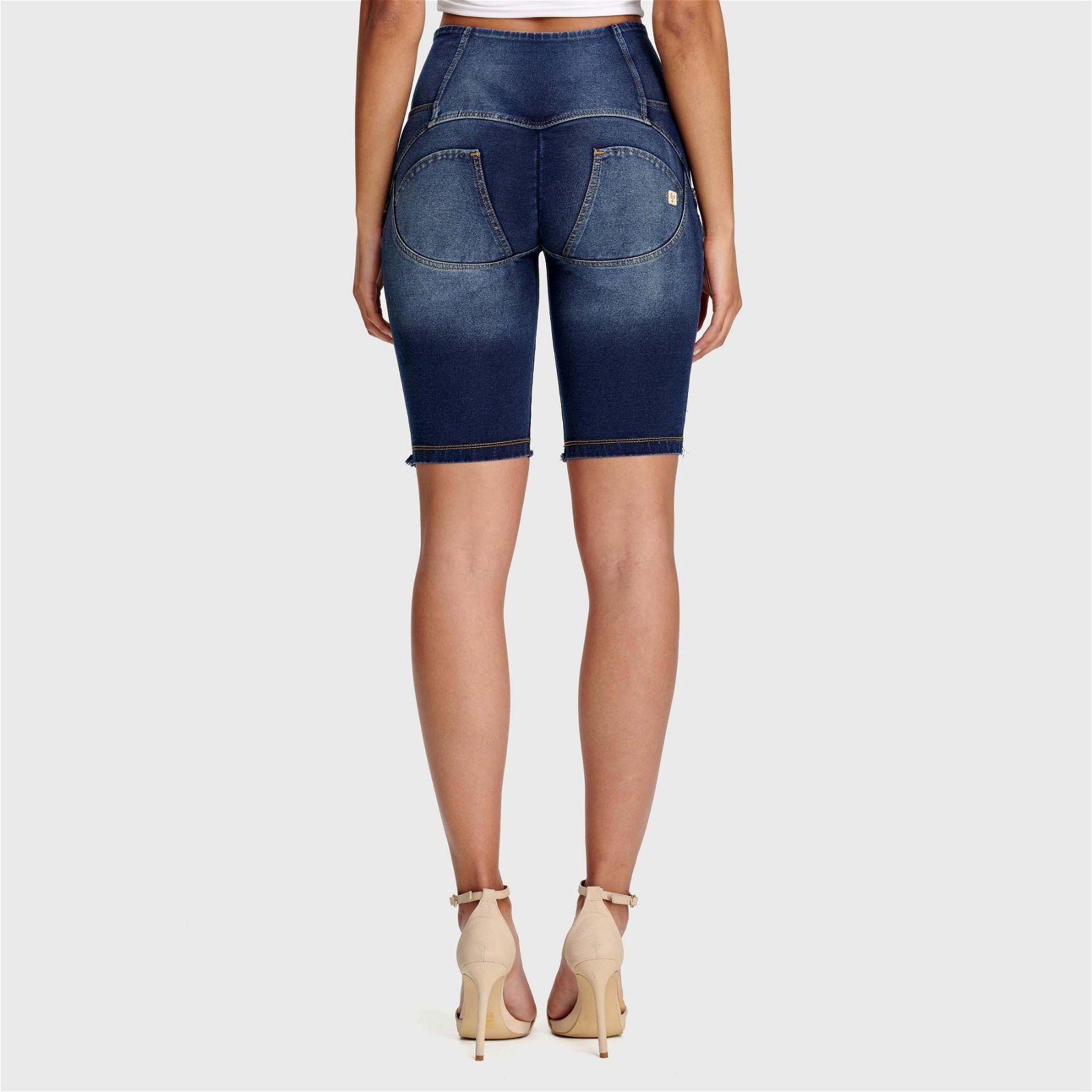 WR.UP® Denim - High Waisted - 3 Button Biker Shorts - Dark Blue + Yellow Stitching 3