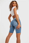 WR.UP® Denim - High Waisted - 3 Button Biker Shorts - Light Blue + Blue Stitching 4