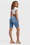 WR.UP® Denim - High Waisted - 3 Button Biker Shorts - Light Blue + Blue Stitching 6