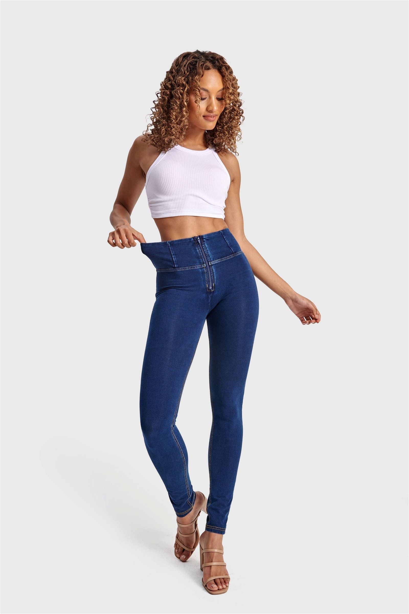 WR.UP® Denim - High Waisted - Full Length - Dark Blue + Yellow Stitching 3