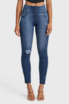 WR.UP® SNUG Distressed Jeans - High Waisted - Full Length - Dark Blue + Blue Stitching 1