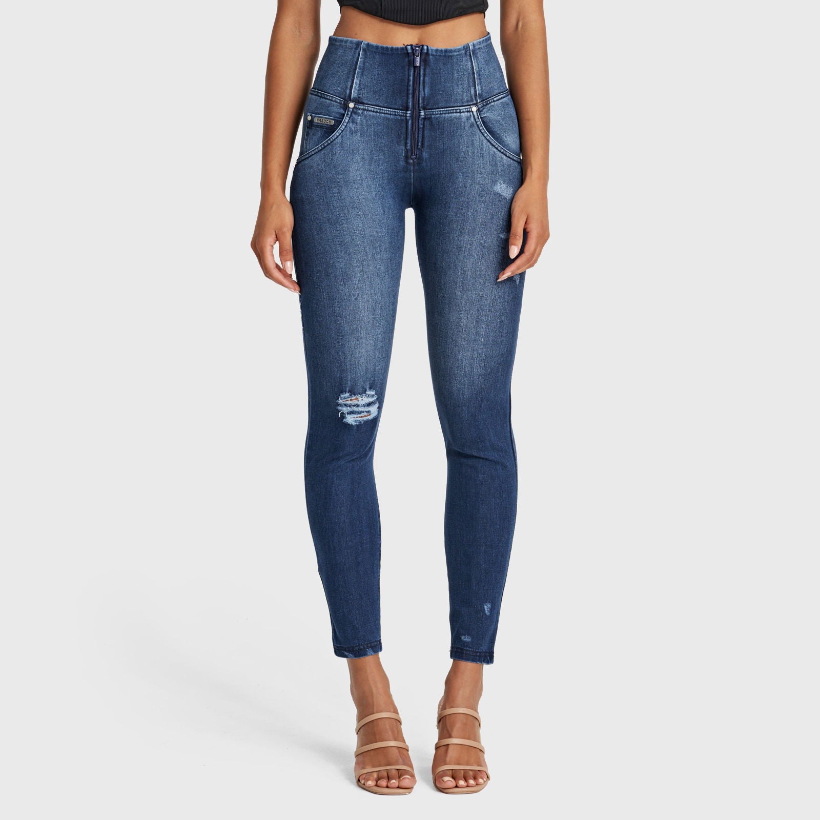 WR.UP® SNUG Distressed Jeans - High Waisted - Full Length - Dark Blue + Blue Stitching 1