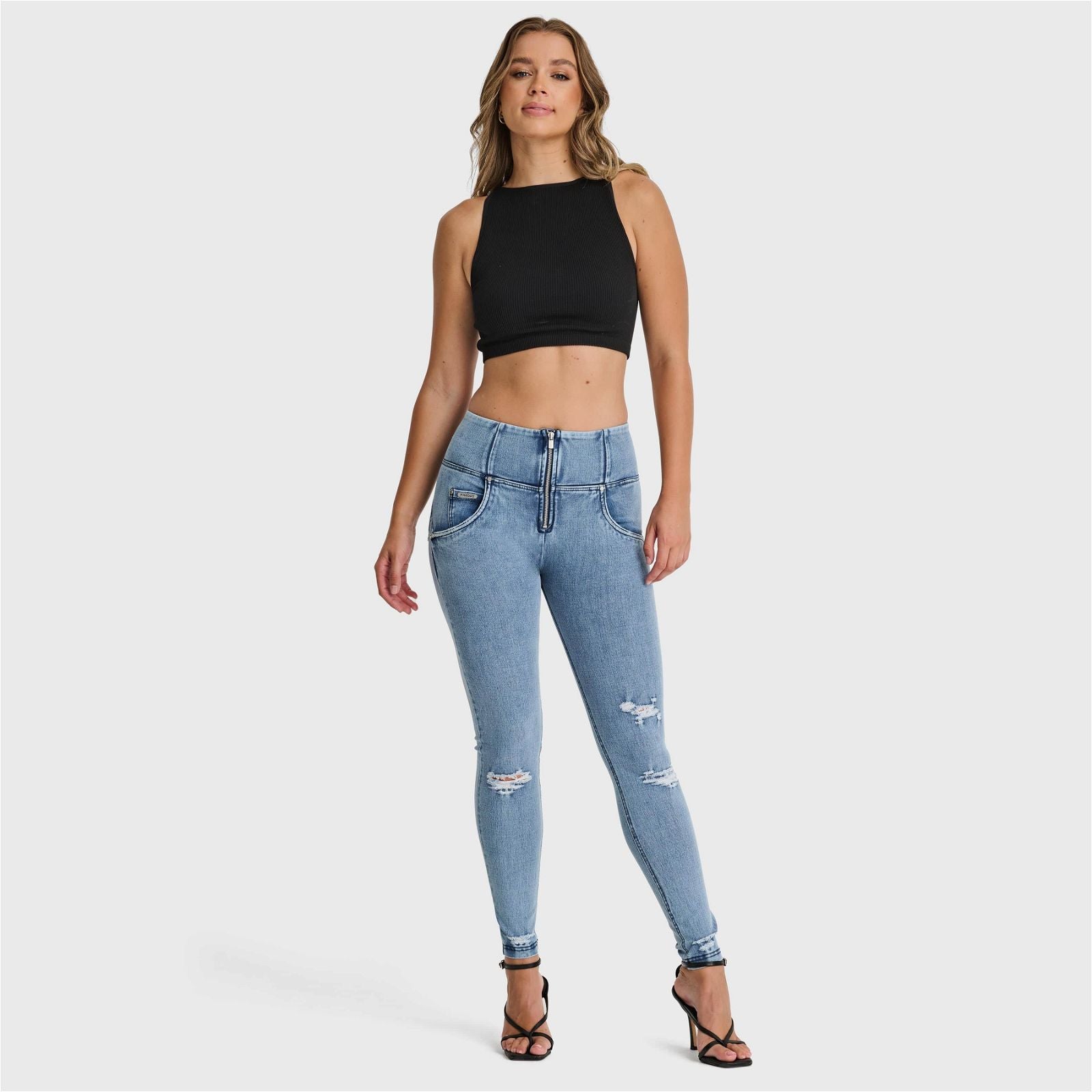 WR.UP® SNUG Distressed Jeans - High Waisted - Full Length - Light Blue + Blue Stitching 1