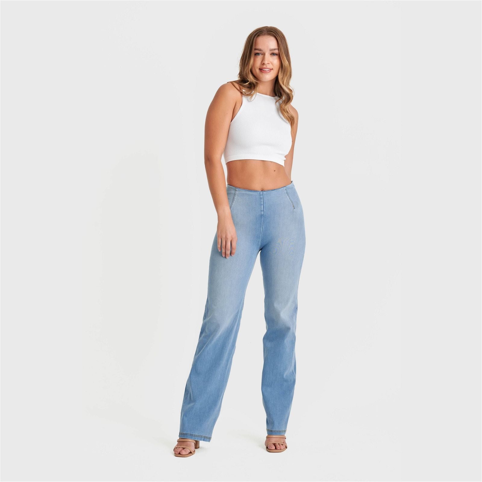 WR.UP® SNUG Jeans - High Waisted - Flare - Light Blue + Yellow Stitching 1