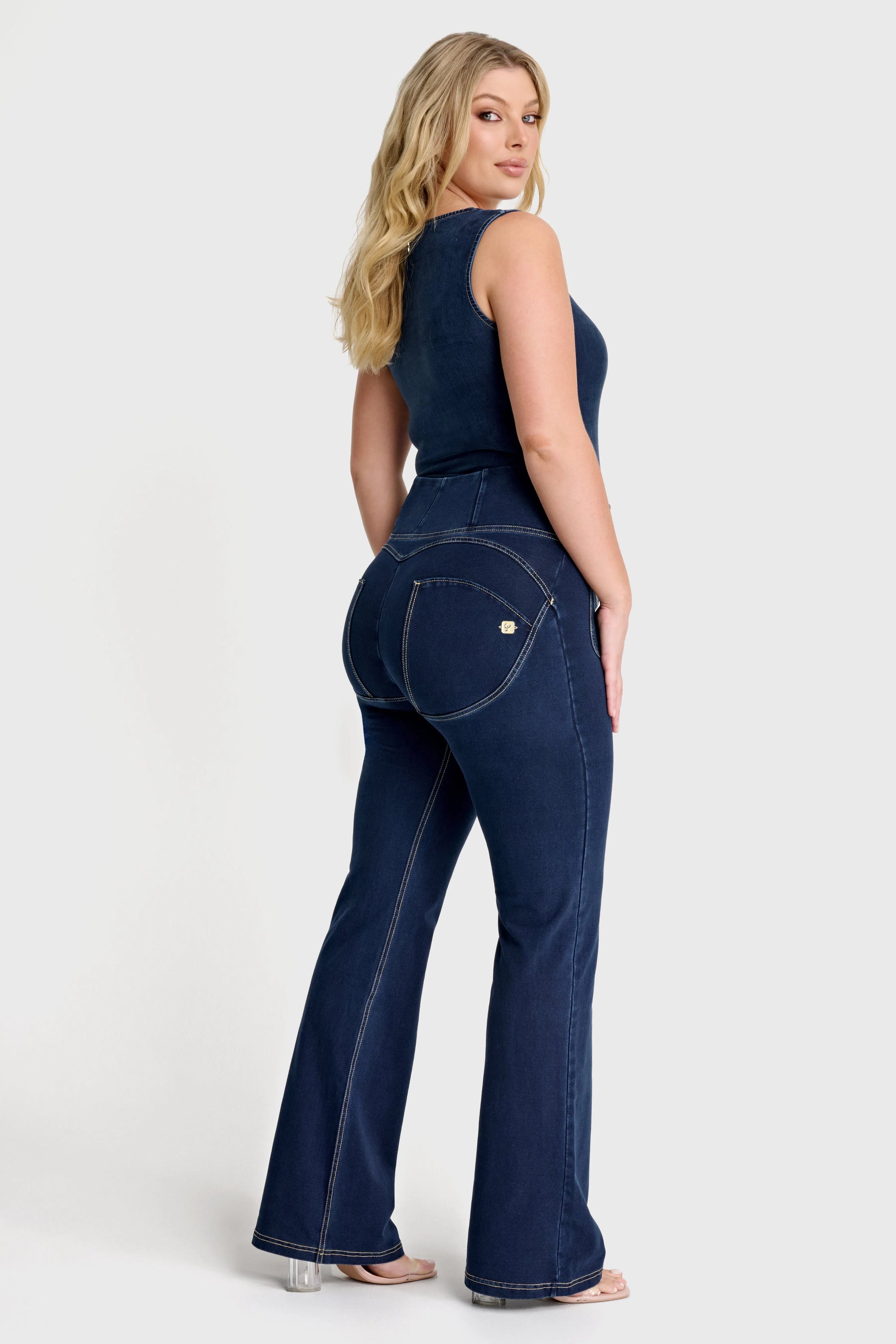 WRUP Denim with Front Pockets - Super High Waisted - Flare - Dark Blue + Beige Stitching 2