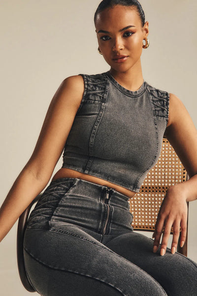 Cropped Tank Criss Cross Detail - Dark Grey Denim