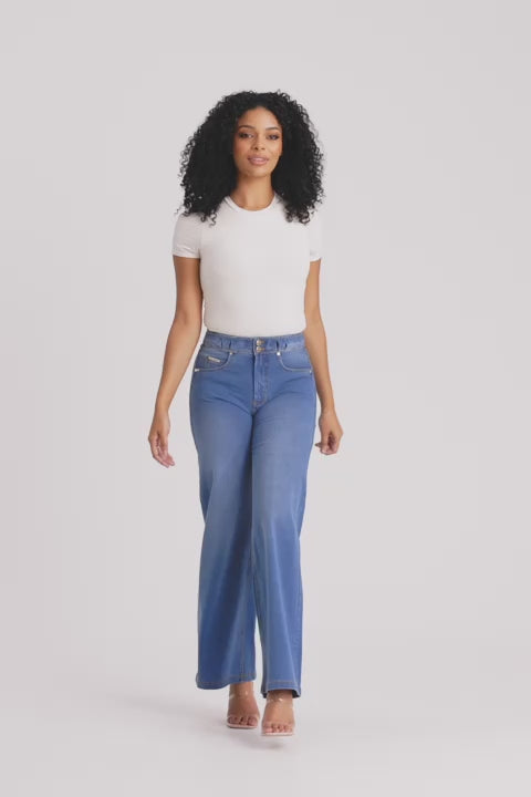 N.O.W® Denim Limited Edition - High Waisted - Wide Leg - Light Blue + Yellow Stitching