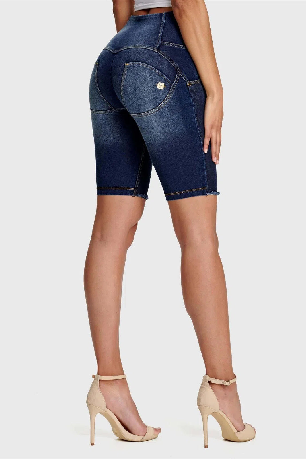 WR.UP® Denim - High Waisted - 3 Button Biker Shorts - Dark Blue + Yellow Stitching 2