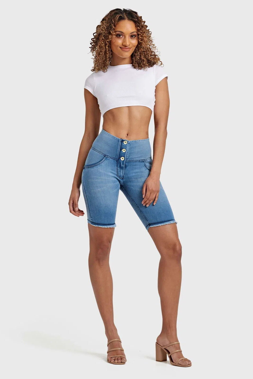 WR.UP® Denim - High Waisted - 3 Button Biker Shorts - Light Blue + Blue Stitching 1