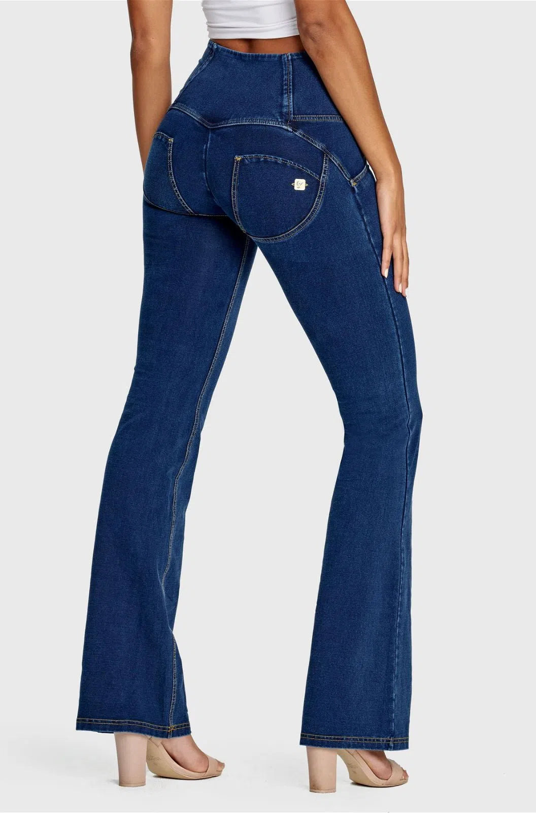 WR.UP® Denim - High Waisted - Bell Bottom Flare - Dark Blue + Yellow Stitching