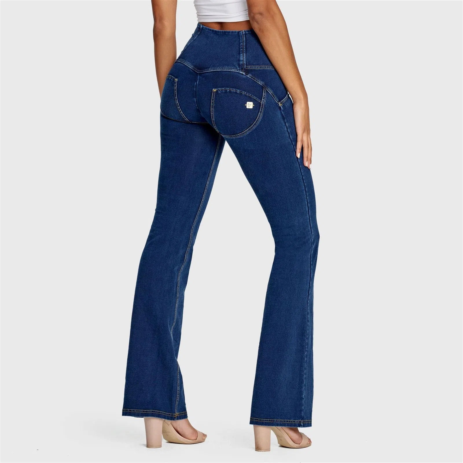 WR.UP® Denim - High Waisted - Bell Bottom Flare - Dark Blue + Yellow Stitching 1