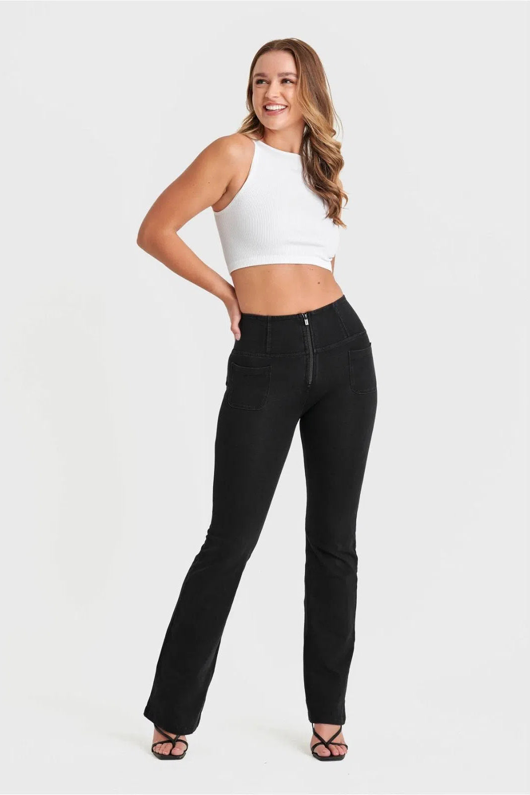 WR.UP® Denim with Front Pockets - Super High Waisted - Flare - Black + Black Stitching 3