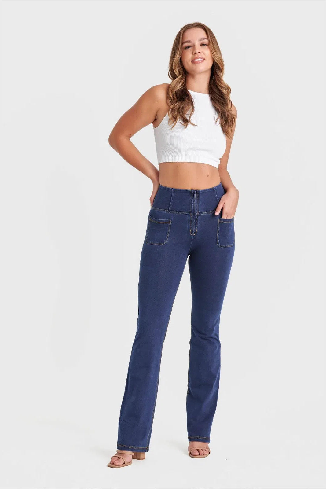 WR.UP® Denim with Front Pockets - Super High Waisted - Flare - Dark Blue + Yellow Stitching 2