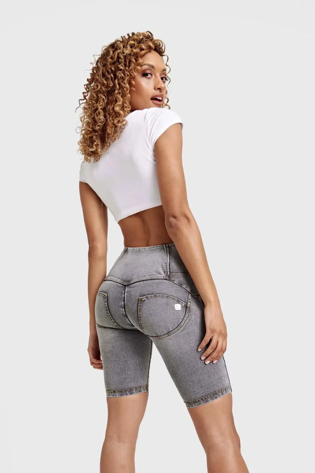 WR.UP® Distressed Denim - High Waisted - Biker Shorts - Grey + Yellow Stitching 2