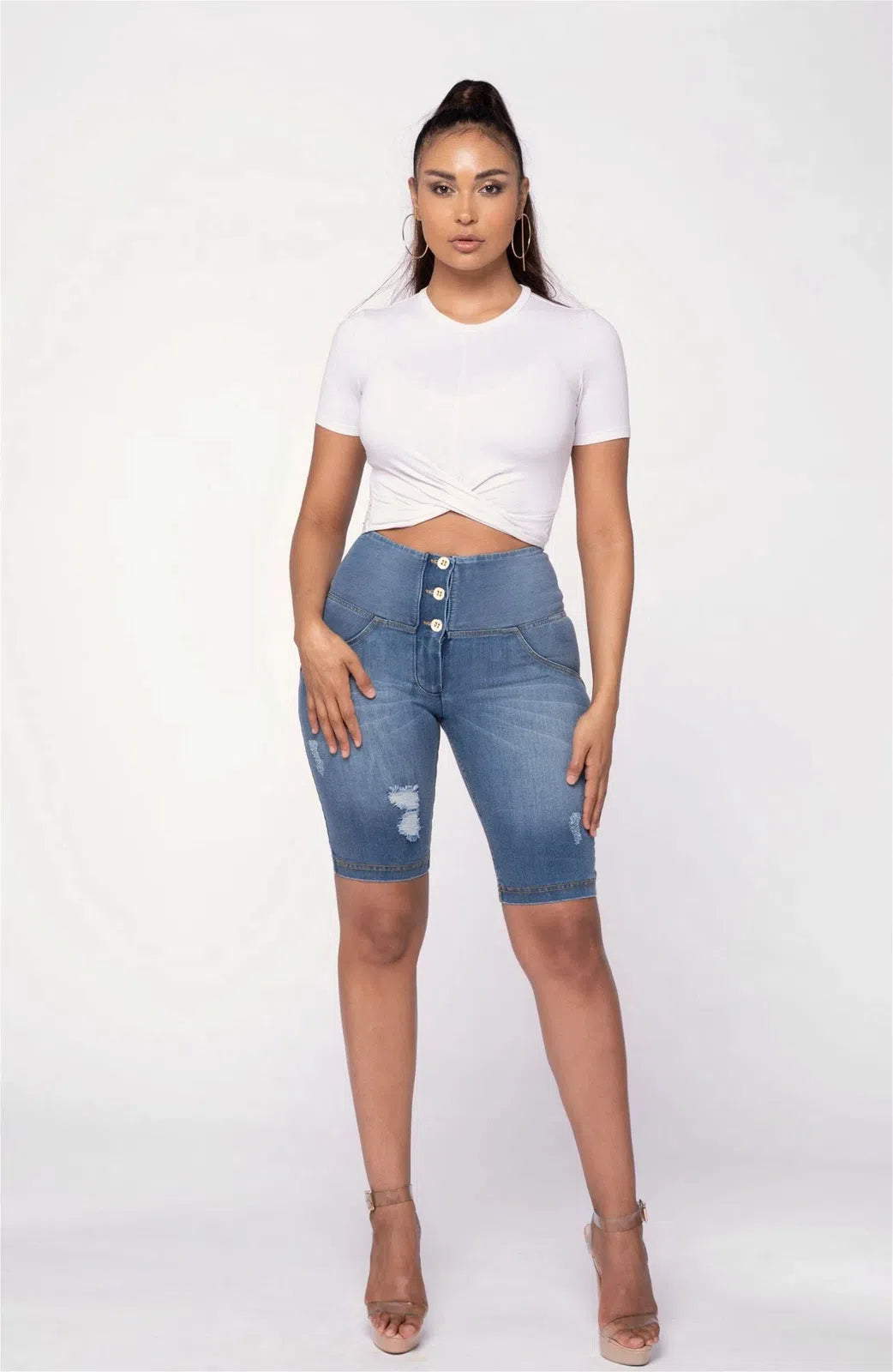 WR.UP® Distressed Denim - High Waisted - Biker Shorts - Light Blue + Yellow Stitching