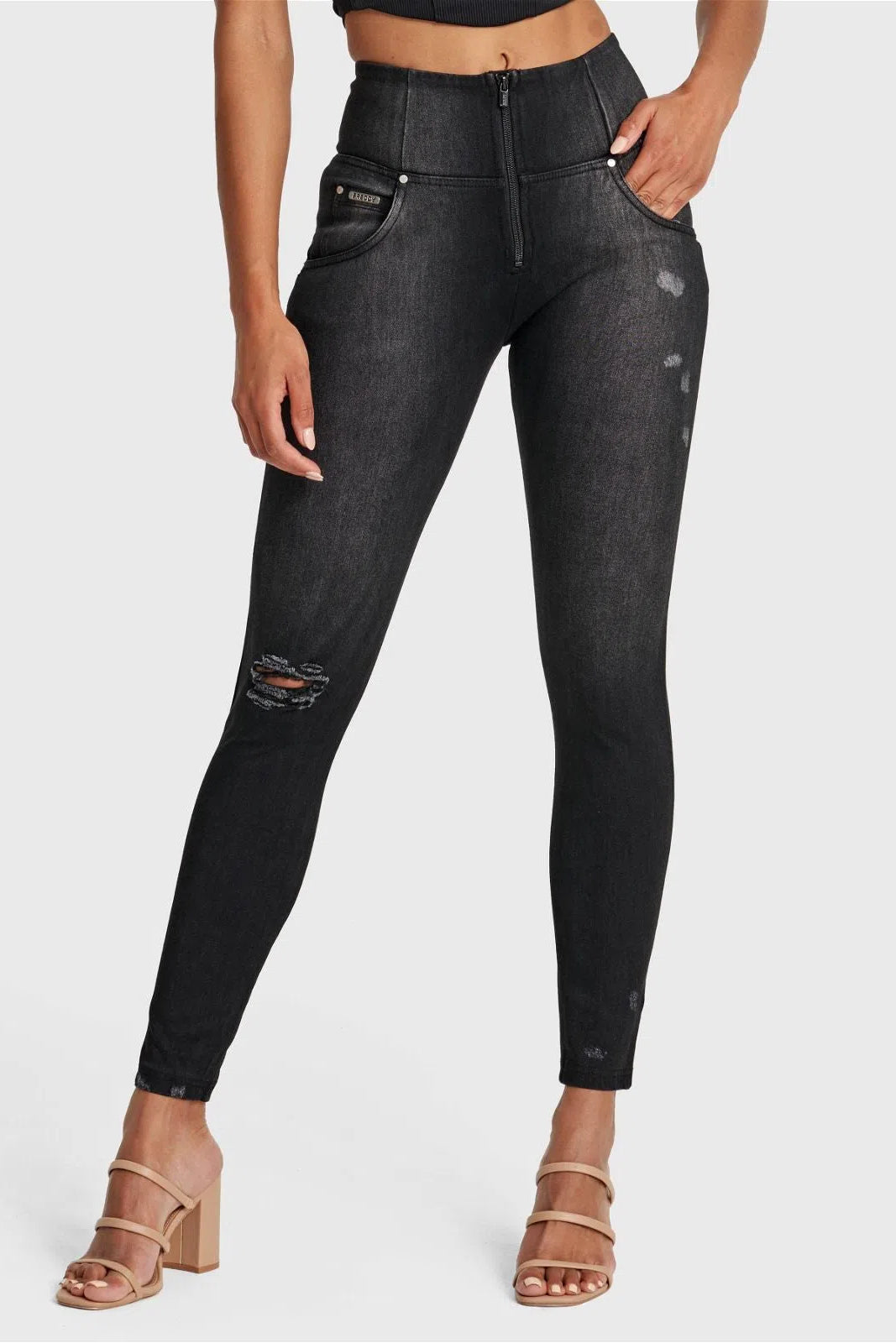 WR.UP® SNUG Distressed Jeans - High Waisted - Full Length - Black + Black Stitching 1