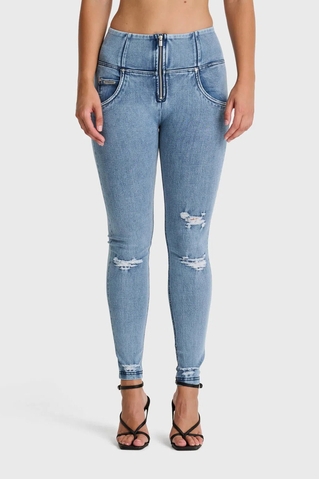 WR.UP® SNUG Distressed Jeans - High Waisted - Full Length - Light Blue + Blue Stitching 3