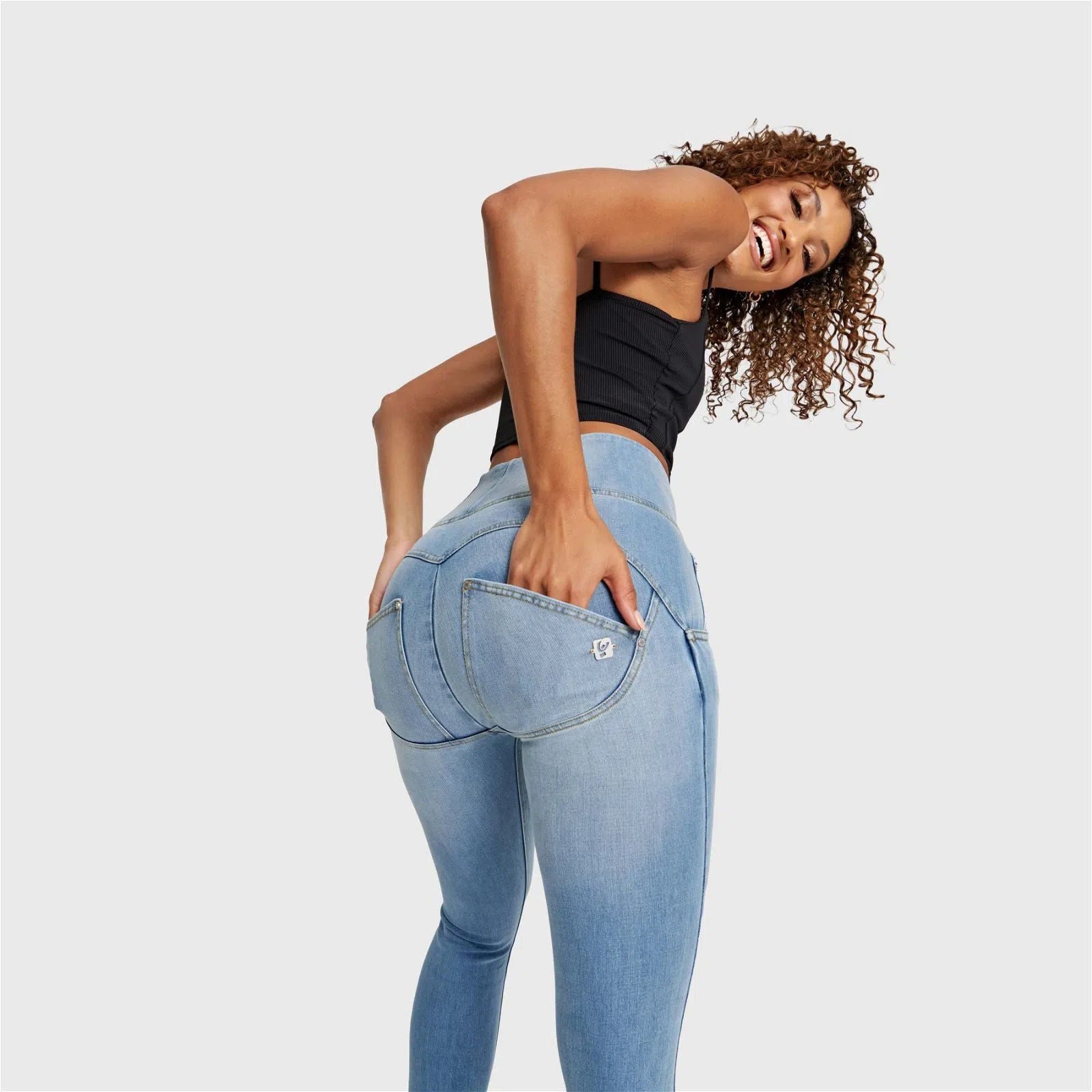 WR.UP® SNUG Distressed Jeans - High Waisted - Full Length - Light Blue + Yellow Stitching 3