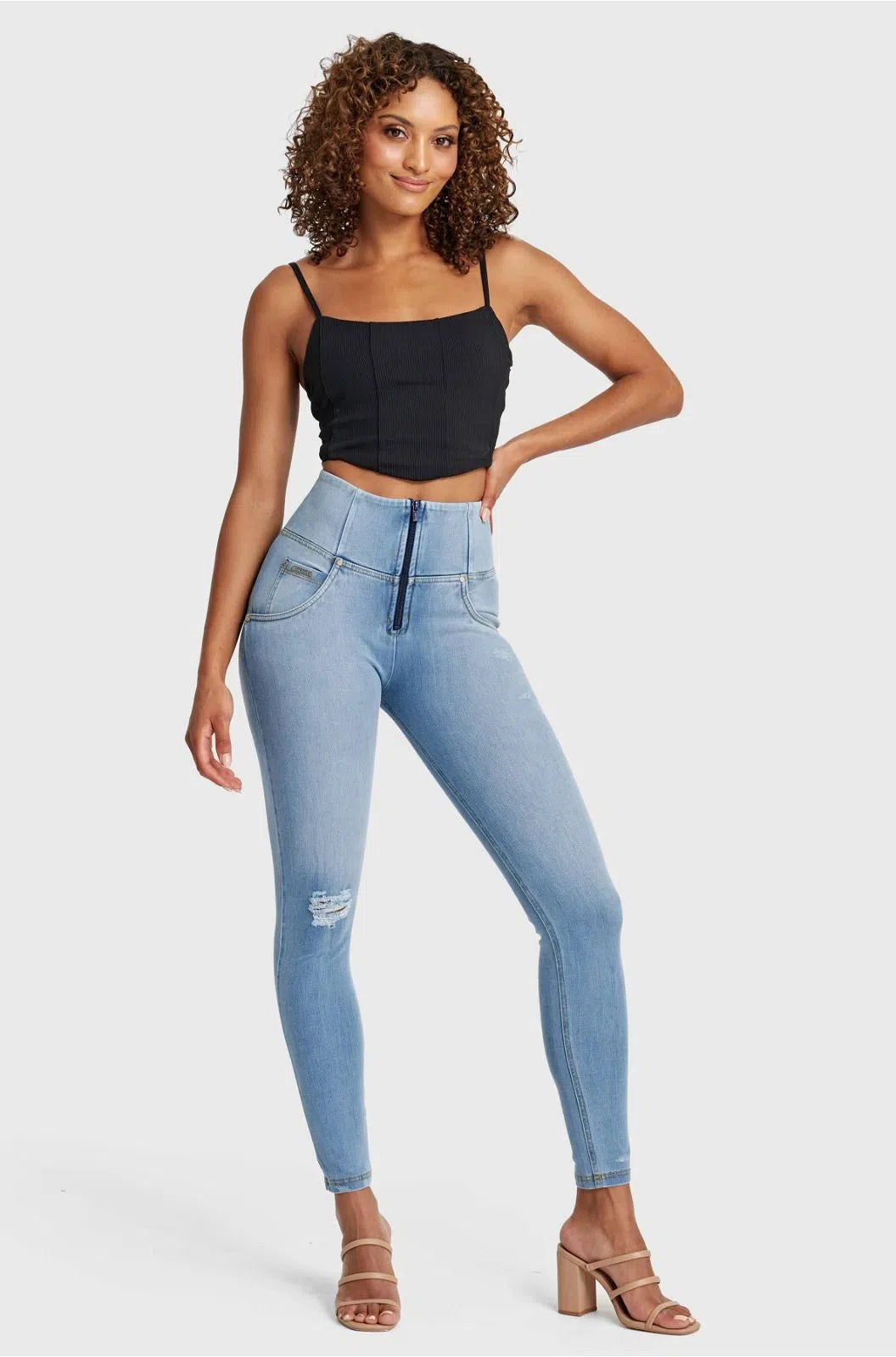 WR.UP® SNUG Distressed Jeans - High Waisted - Full Length - Light Blue + Yellow Stitching