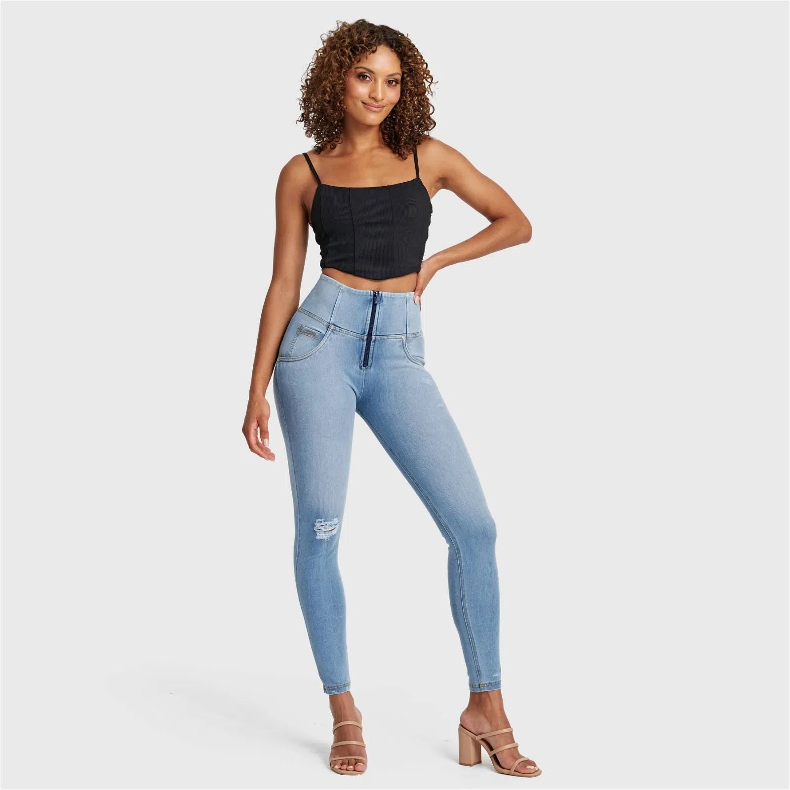 WR.UP® SNUG Distressed Jeans - High Waisted - Full Length - Light Blue + Yellow Stitching 1