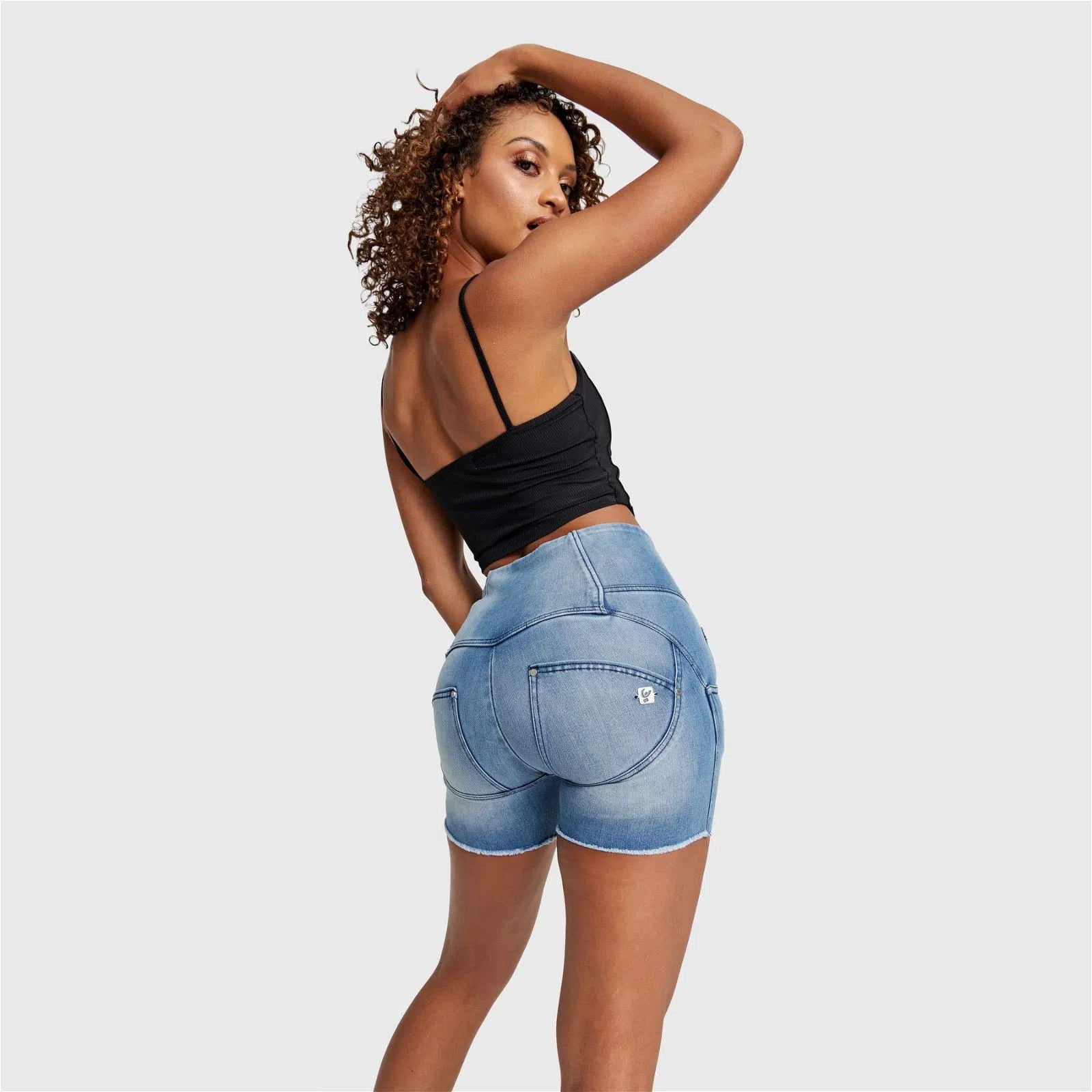 WR.UP® SNUG Jeans - 3 Button High Waisted - Shorts - Light Blue + Blue Stitching 2