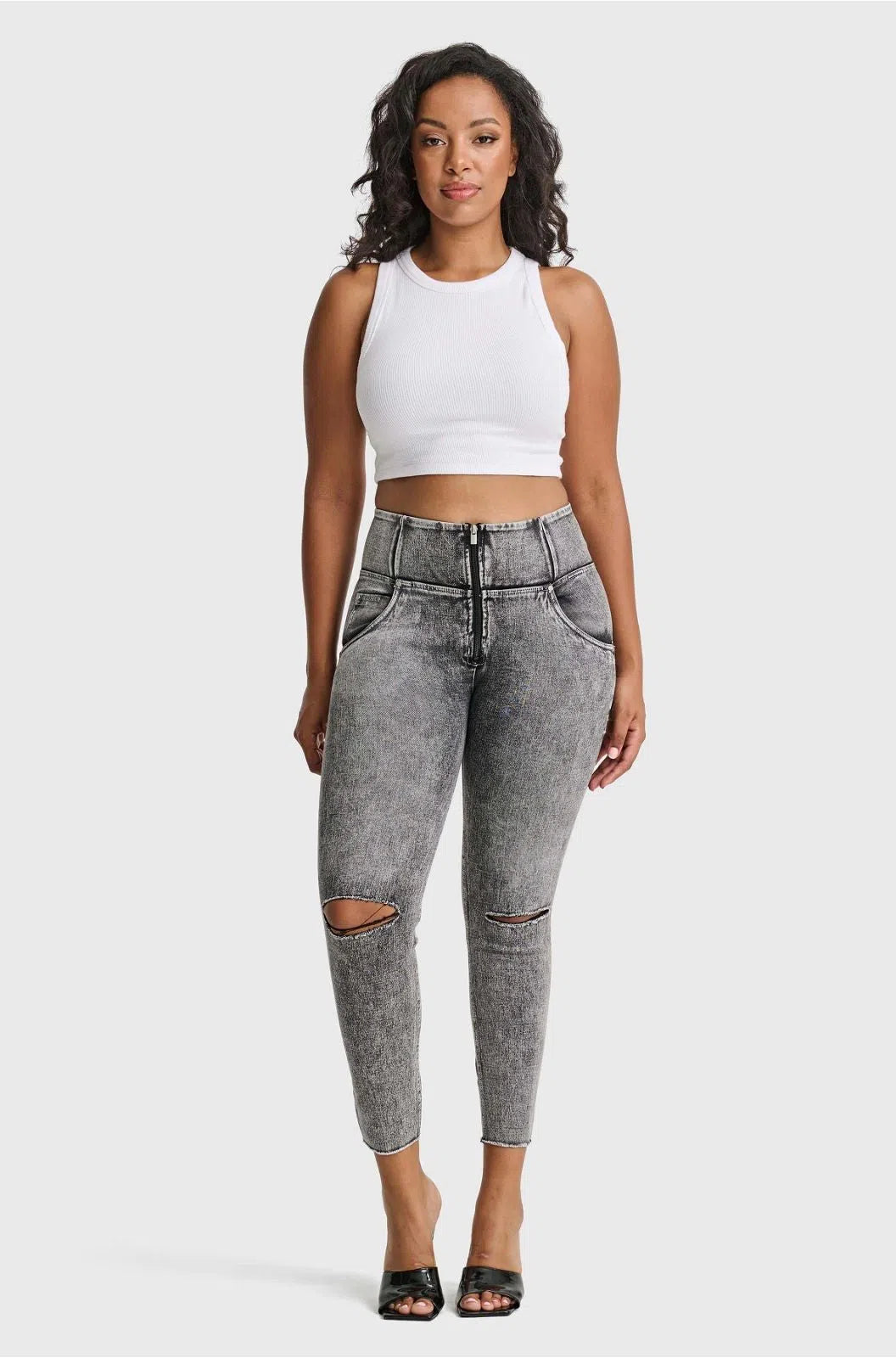 WR.UP® SNUG Ripped Jeans - High Waisted - 7/8 Length - Grey Stonewash + Grey Stitching