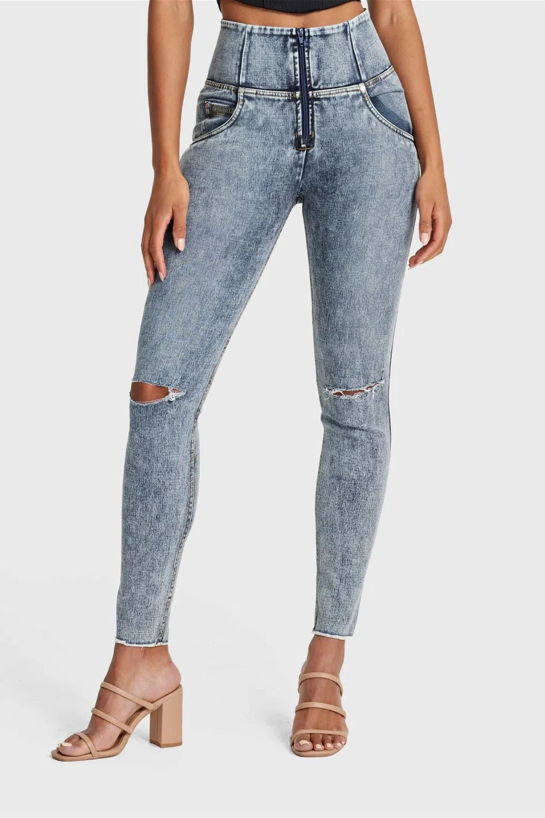 WR.UP® SNUG Ripped Jeans - High Waisted - Full Length - Blue Stonewash + Yellow Stitching 2