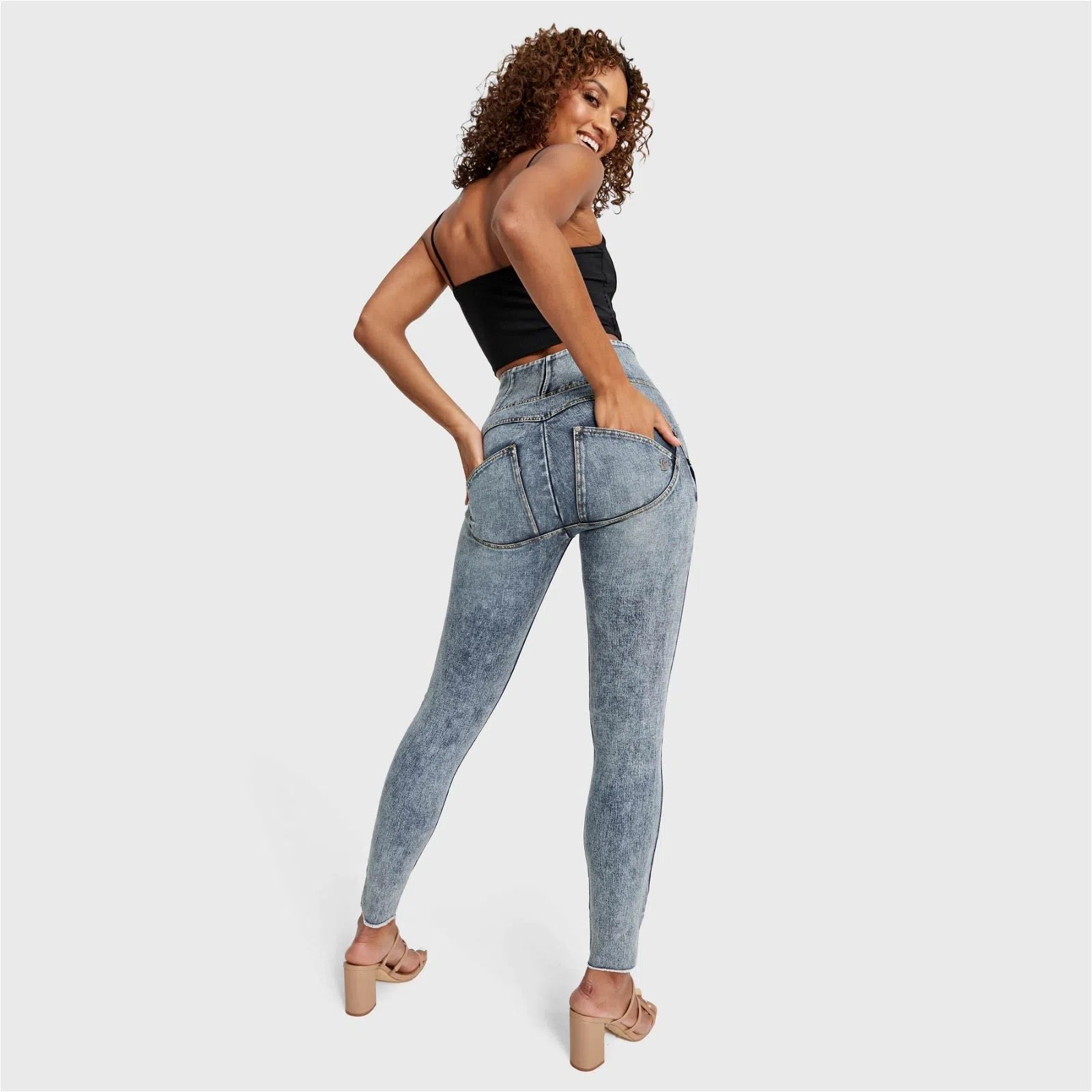 WR.UP® SNUG Ripped Jeans - High Waisted - Full Length - Blue Stonewash + Yellow Stitching 3