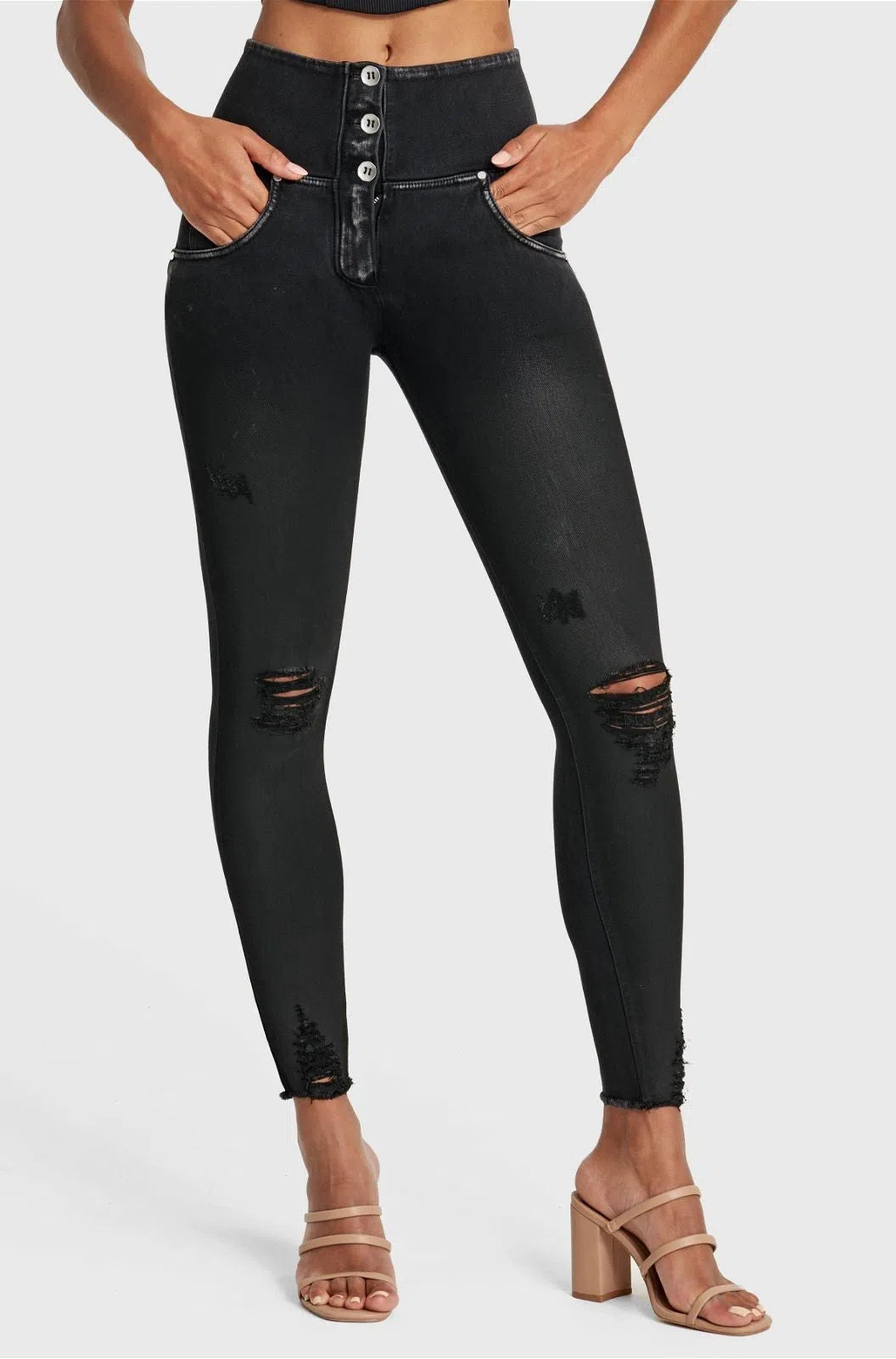 WR.UP® SNUG Ripped Jeans - High Waisted - Full Length - Coated Black + Black Stitching