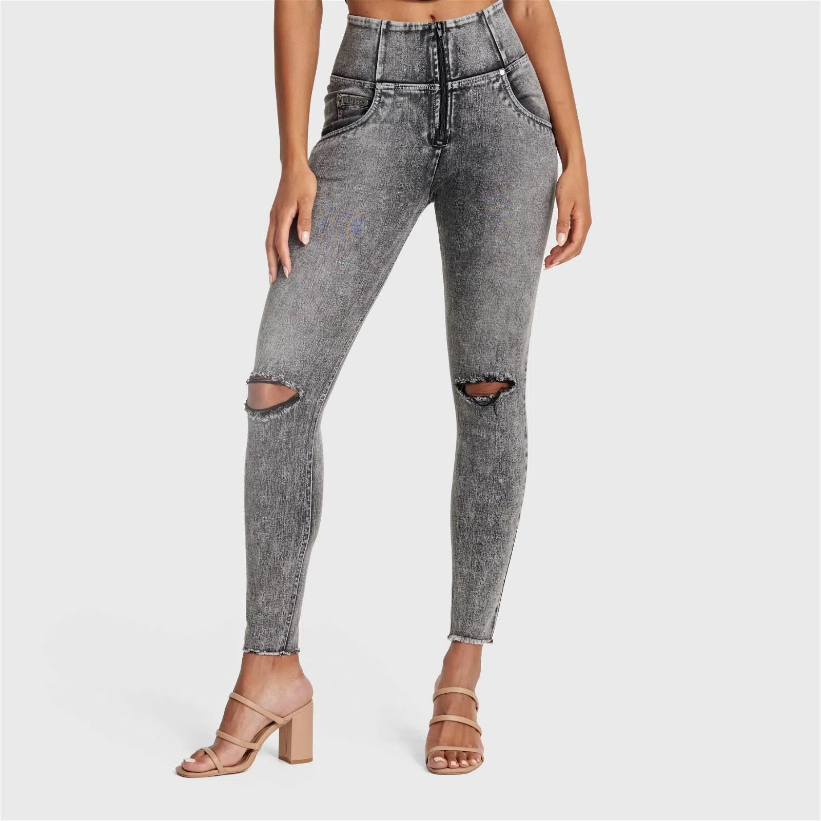 WR.UP® SNUG Ripped Jeans - High Waisted - Full Length - Grey Stonewash + Grey Stitching 2