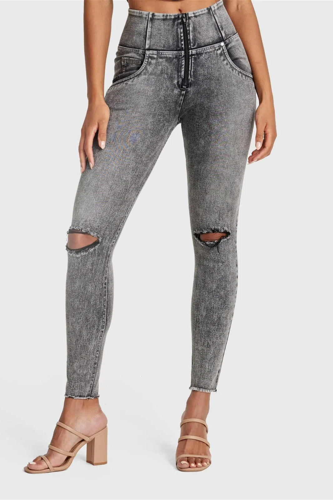 WR.UP® SNUG Ripped Jeans - High Waisted - Full Length - Grey Stonewash + Grey Stitching 3