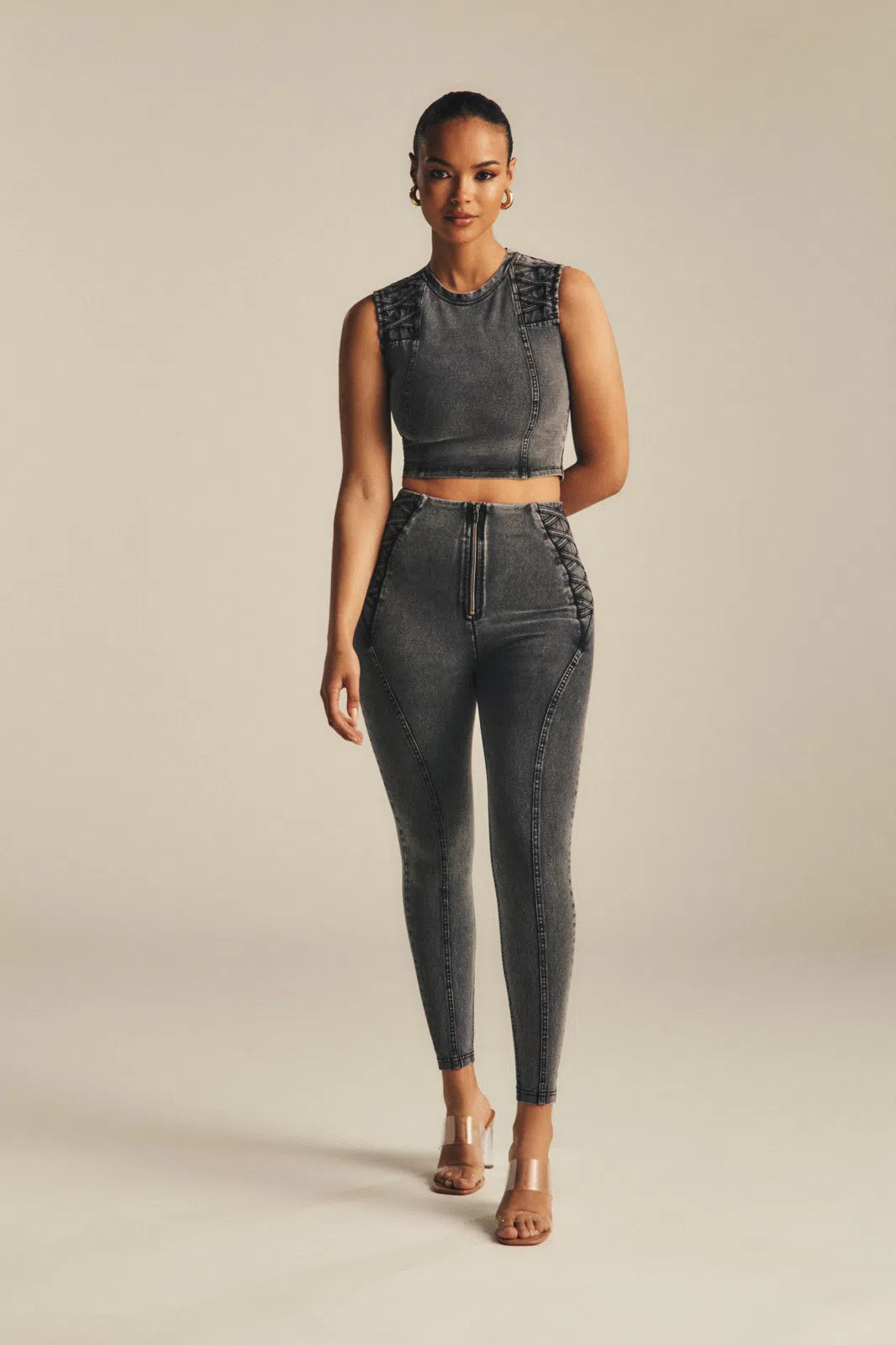 WRUP Denim Criss Cross Detail - High Waisted - 7/8 Length - Dark Grey Denim + Black Stitching 1