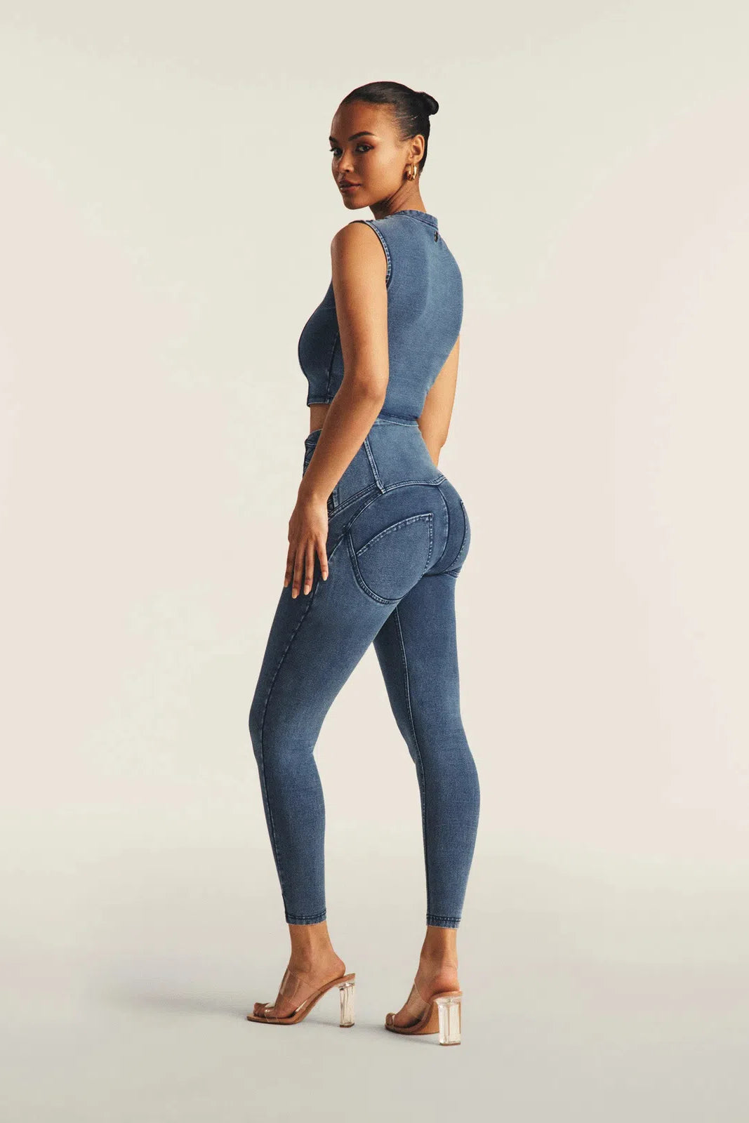 WRUP Denim Criss Cross Detail - High Waisted - 7/8 Length - Indigo Denim + Blue Stitching 3