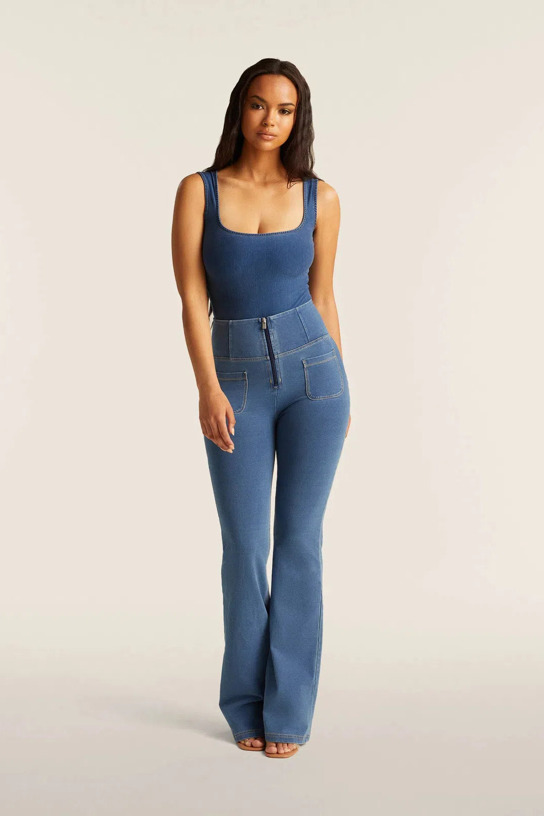 WRUP Denim with Front Pockets - Super High Waisted - Flare - Light Blue + Beige Stitching 1